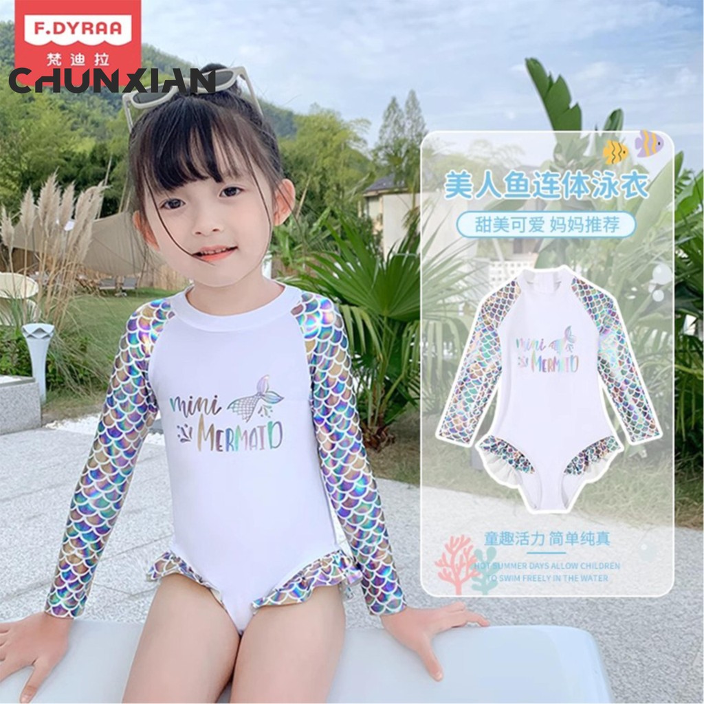 Momasong pakaian renang untuk kanak-kanak perempuan Kids girl swimsuit children long sleeve one-piece swimwear childrens Mermaid baby swimming suit