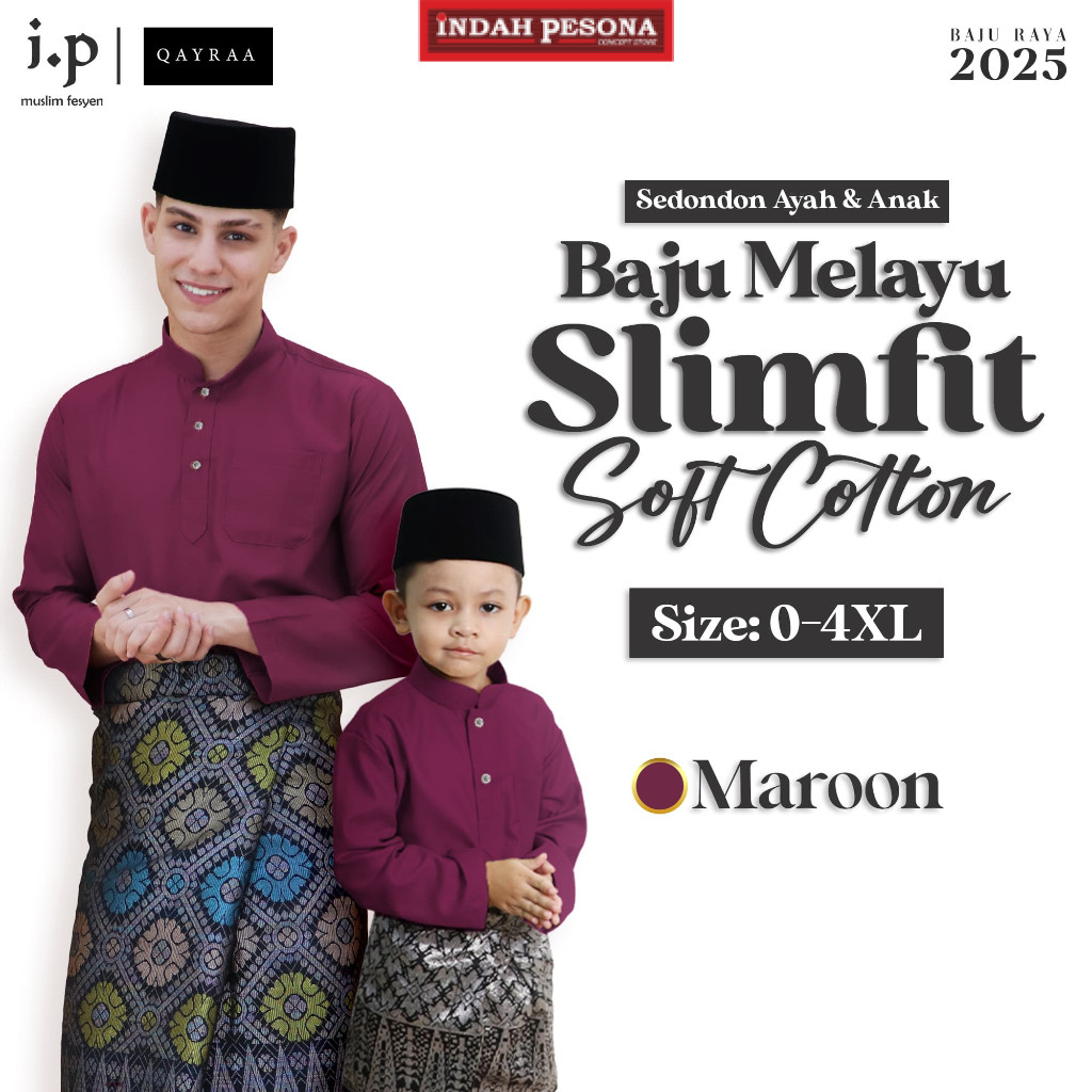 QAYRAA 2025?Maroon Baju Melayu Soft Cotton Slim Fit Cekak Musang Ayah dan Anak Sedondon Family Set - Size 0-4XL