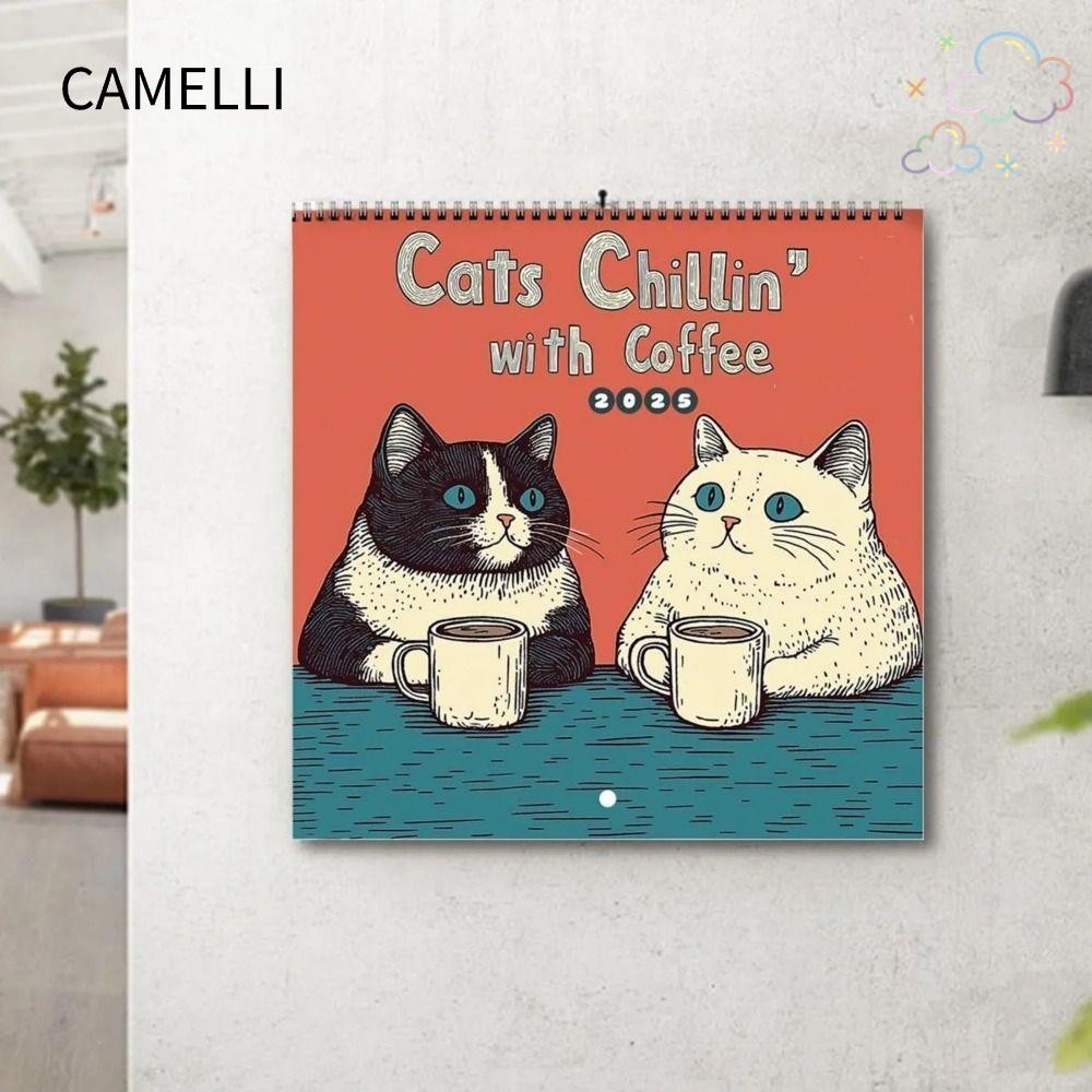 CAMELLI 2025 Calendar, 12 Monthly Handmade Cat Cafe Calendar, Funny Family Planner Thick Paper Wall Calendar Home Decor