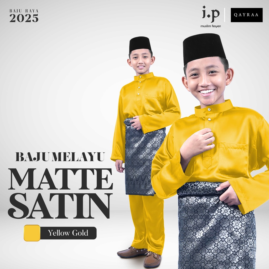 I.P Muslim⚜Matte Satin Slim Cutting Baju Melayu-Yellow Gold/Size 3XS-5XL/Baju Raya Budak/Baju Raya Keluarga Sedondon