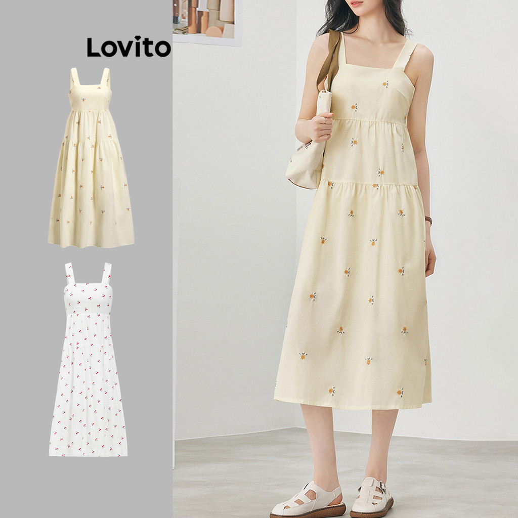 Lovito Casual Ditsy Floral Draped Cotton Embroidered Sunflower Dress for Women L52AD074 (Multi-color) Lovito Gaun Bunga Matahari Bordir Katun Ditsy Dibungkus Bunga Kasual untuk Wanita