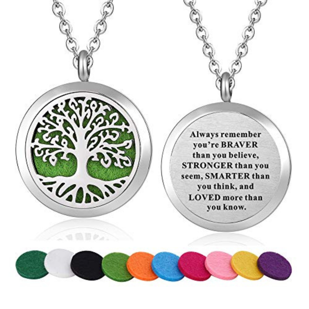 30mm Stainless Steel Motivational Engraved Aromatherapy Pendants Men and Women Life Tree Perfume Essential Oil Diffuser Necklace