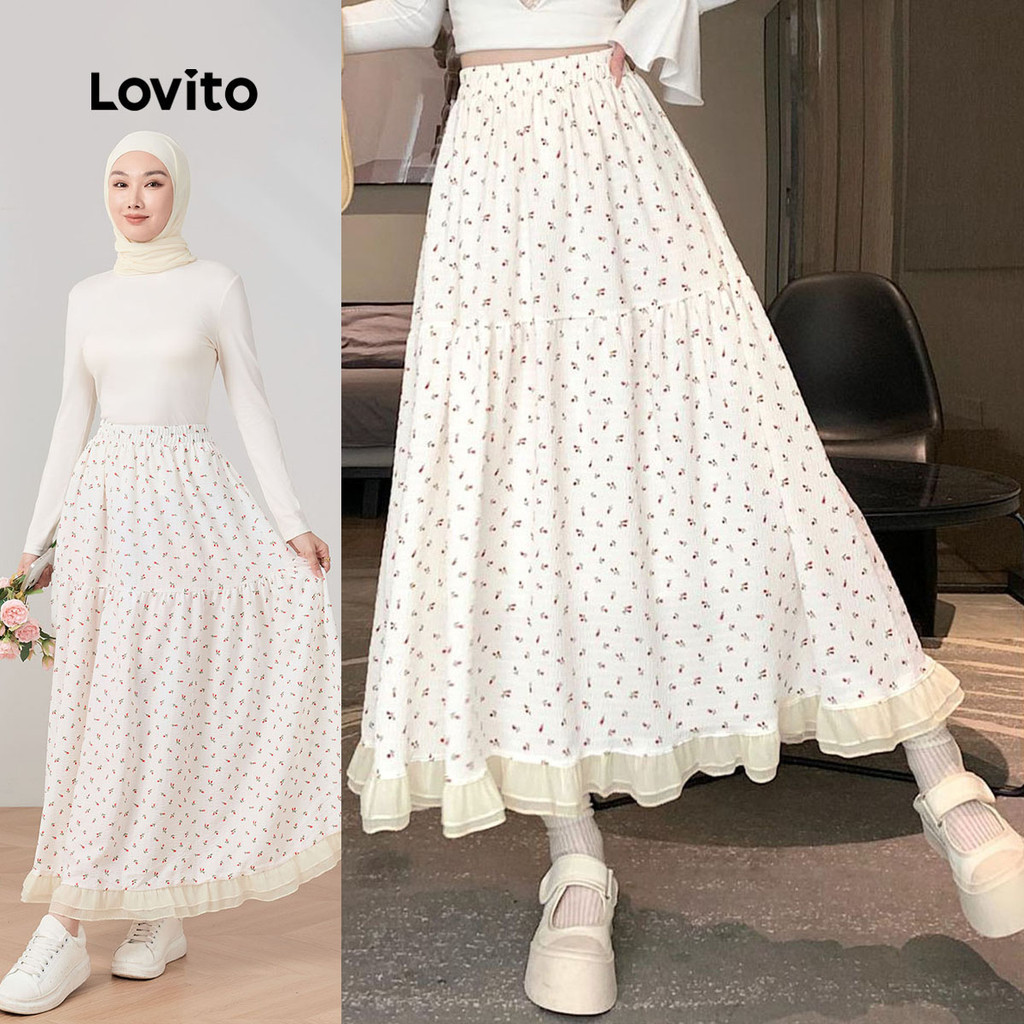Lovito Casual Skirts Ditsy Floral Ruffle Skirts for Women LNA60317