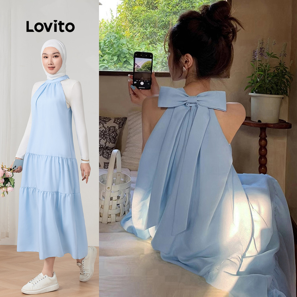 Lovito Casual Plain Bow Back Dress for Women L61AD081 (Blue) Lovito Gaun Pita Punggung Polos Kasual untuk Wanita