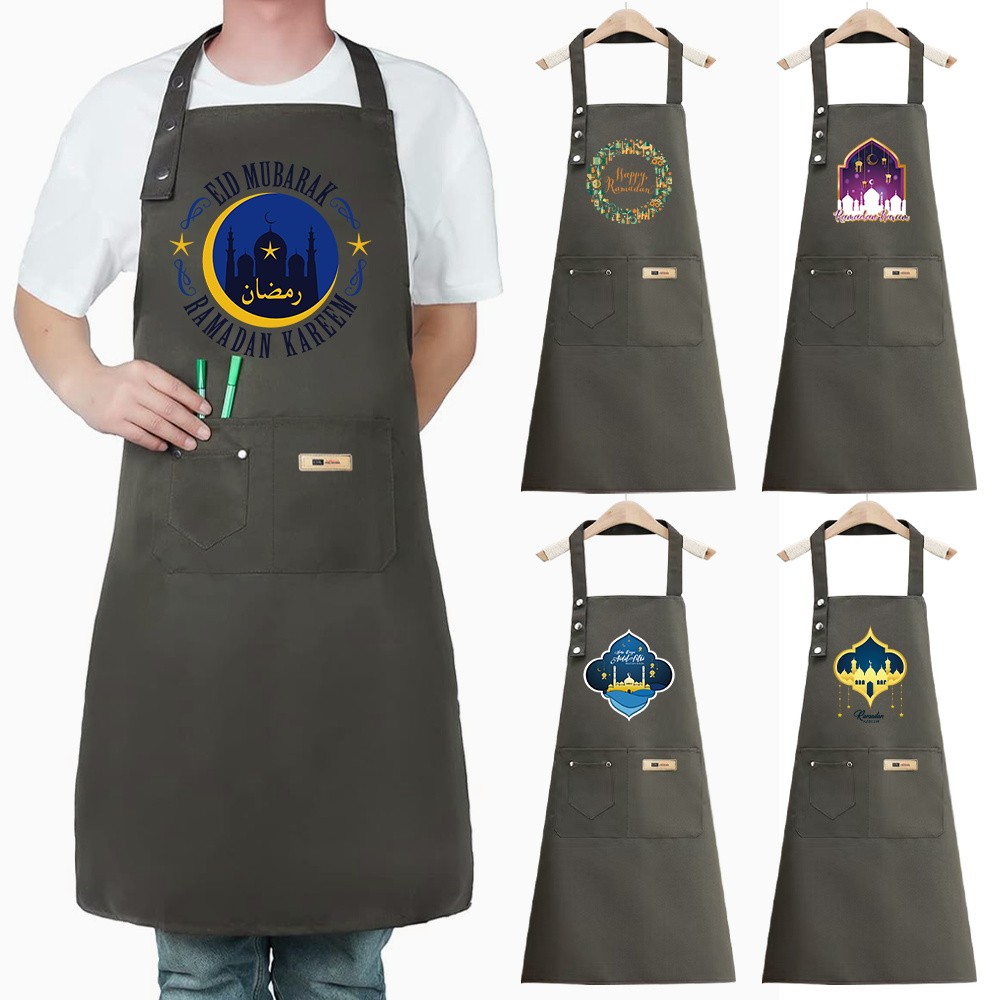 Ramadan Raya Kitchen Apron Polyester Front Fashionable Waterproof Pocket Green Ecclesia Series