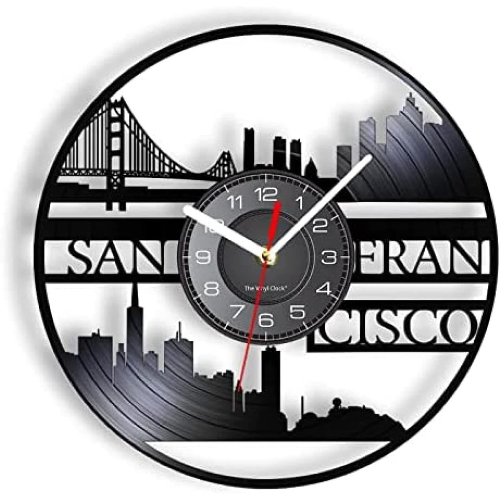 12 Inch Vinyl Record Wall Clock San Francisco Skyline Re-purposed Vinyl Record Wall Clock Golden Gate Bridge American Cityscape Vintage Timepiece Carved Artwork