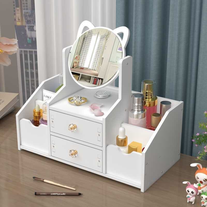Mini cosmetic shelf, 2-drawer cat makeup shelf with cat ear mirror