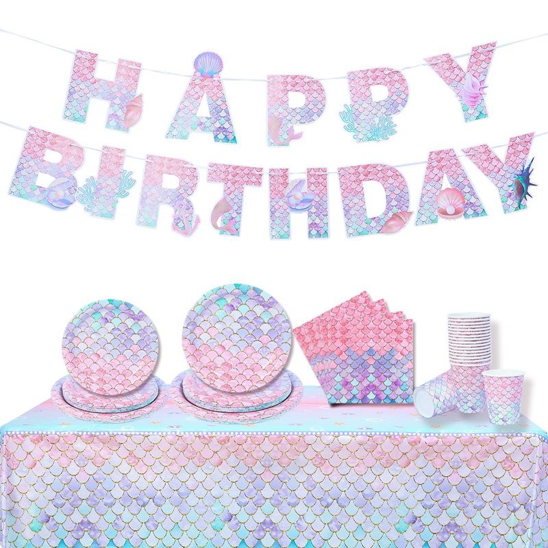 【Local】Mermaid Theme Party Supplies Set Mermaid Tail Table Cloth Plastic Goodies Bag Packing Doorgift Happy Birthday Banner Mermaid Birthday Decoration Set Girl Little Mermaid Party Set Wedding Decoration Party Decoration Set 生日布置