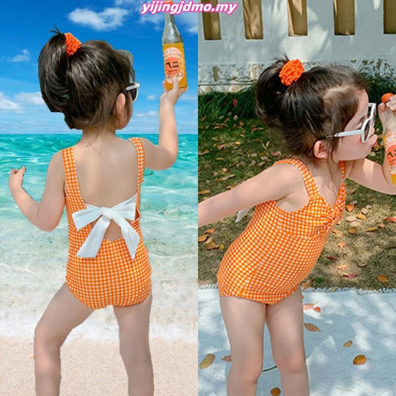 Baju Budak Perempuan 2-8 Y Kids Girls Swimsuits Backless Swim Suit Korean Style Girls Swimwear Backless Bow One-Piece Swimming Suit Childrens Clothing