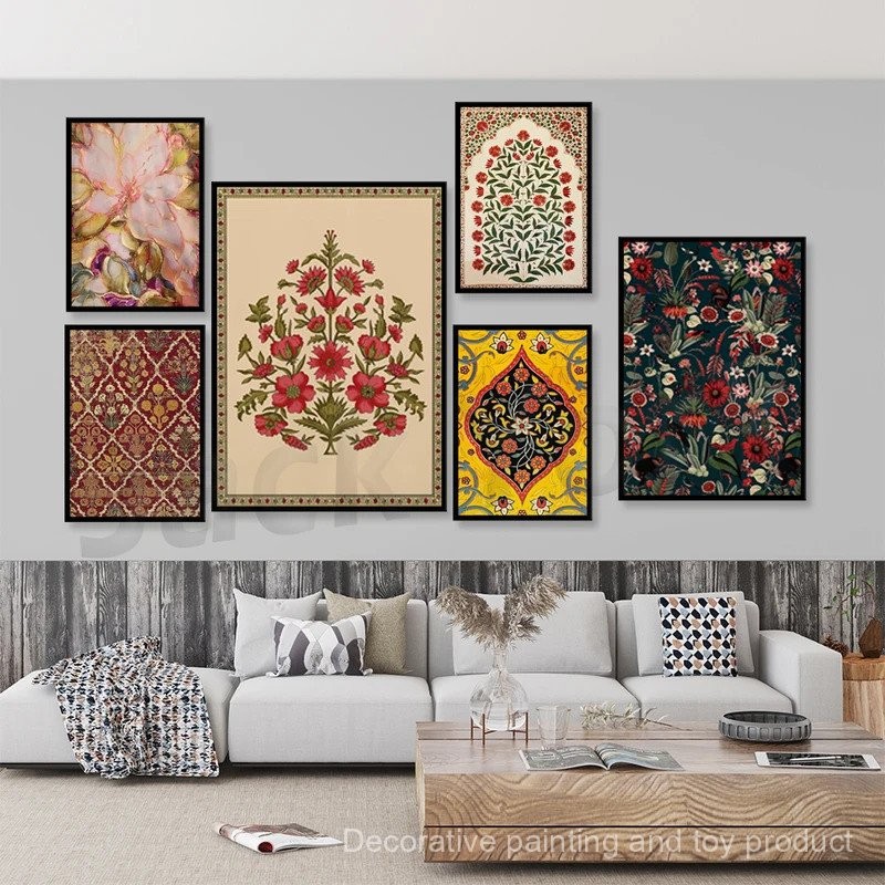Indian Art, Floral Prints, Living Room decor,Printable,Indian Vintage Fabric Decor, Printables, Pichwai, Poster, Wall Art, Paint,No Frame Canvas Painting Gift