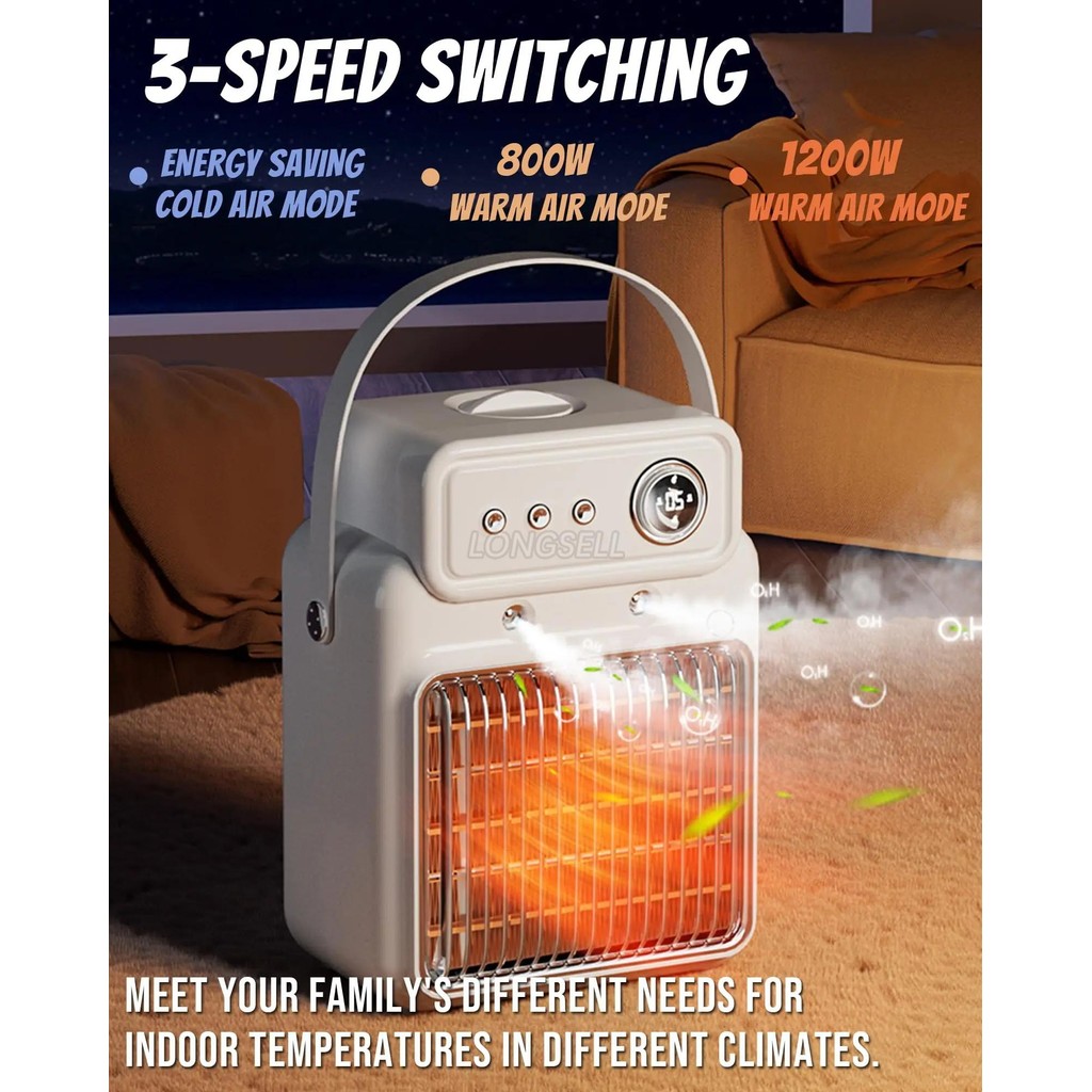 3 in 1 Electric Space Heater Cooling Fan & Heater Fan & Humidifier 1200W Portable Heater timed &Overheat Protection Desk Heaters