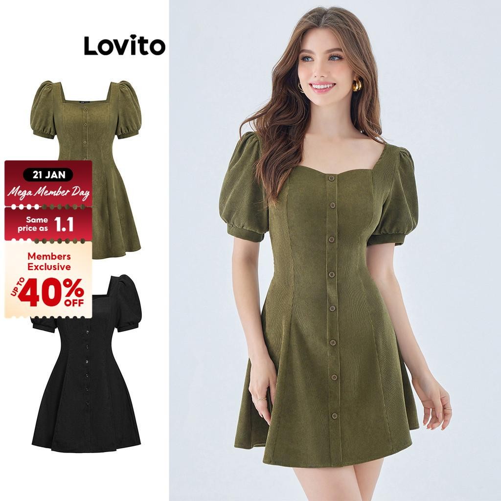 Lovito Vintage Plain Button Front Short Sleeves A-Line Mini Dress for Women L49ED109 (Multi-color) Gaun Mini A-Line Lengan Pendek Kancing Depan Polos Antik Lovito untuk Wanita