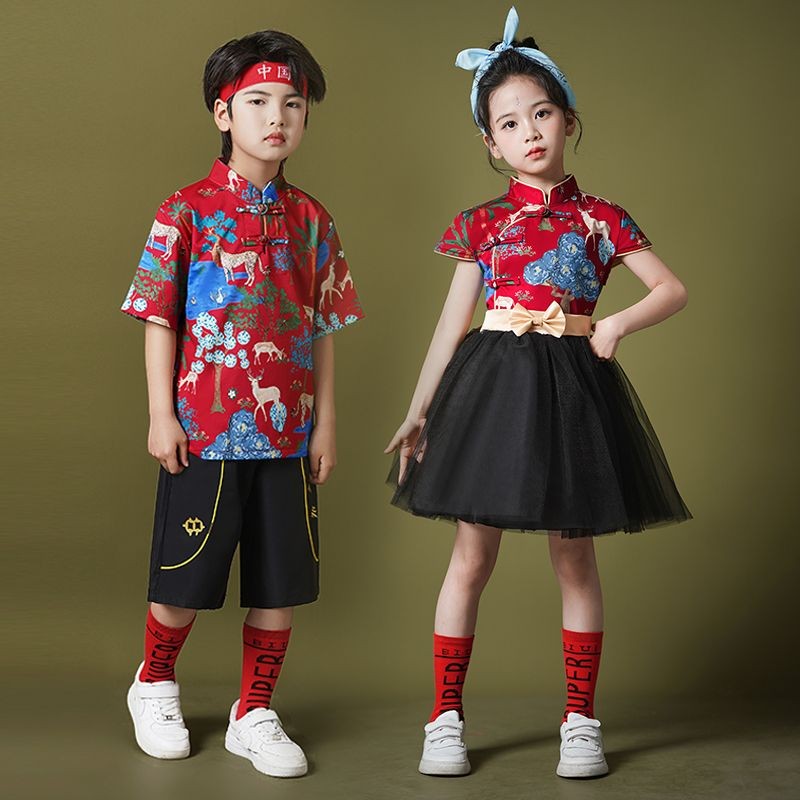 Chinese Style Six-One Chorus Performance Costume Boys Girls Tang Costume Chinese Style Singer Costume Boys Girls Tang Costume Han Costume Kindergarten Cheerleading Performance Costume #