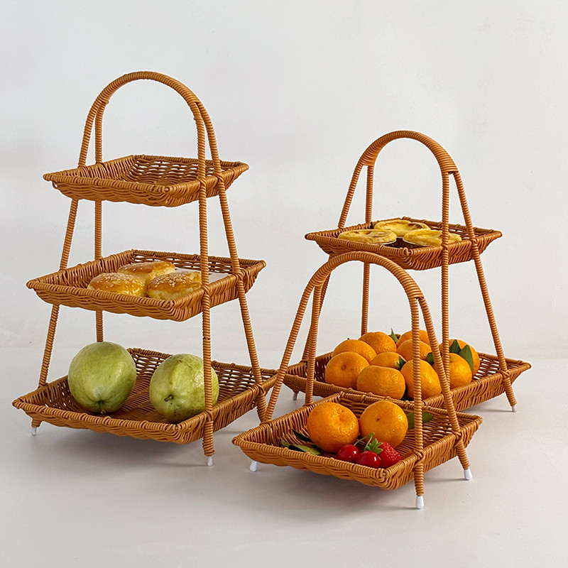 Rattan Basket Multi-Layer Small Bracket Dim Sum Plate Cabas Household Snack Basket Fruit Basket Hotel Pastry Fruit Plate Imitation Rattan Weaved Storage Basket