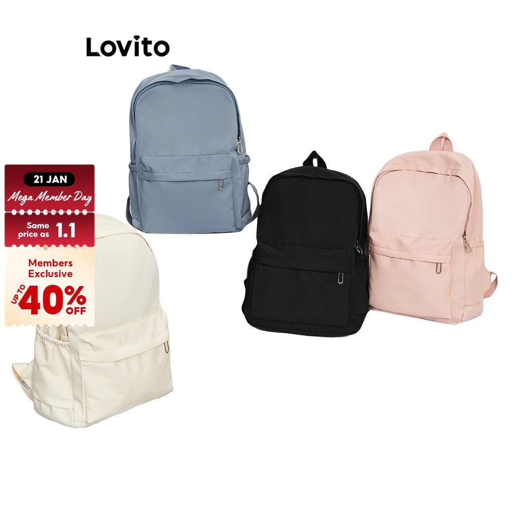 Lovito Preppy Plain Colorblock Double Shoulder Strap Multi-pocketed Backpacks L41BA05 (White/Pink/Blue/Black) Preppy Polos Colorblock Tali Bahu Ganda Multi-saku Ransel L41BA05 (Putih/Berwarna Merah Muda/Biru/Hitam)