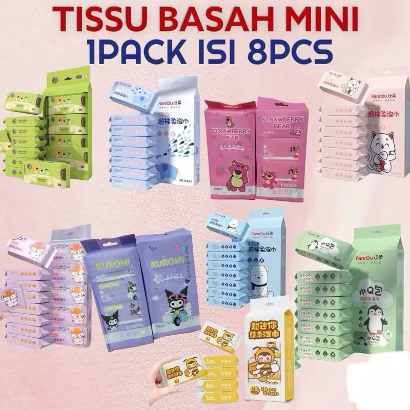 (acc ptk) 8IN1 MIX WET TISSUE / (8 pcs) Cartoon wet tissue / 8in1 travel wet tissue / Travel tissue / mini tissue / Cute viral wet tissue contents 8 / 8in1 travel wet tissue / Travel tissue / Mini tissue