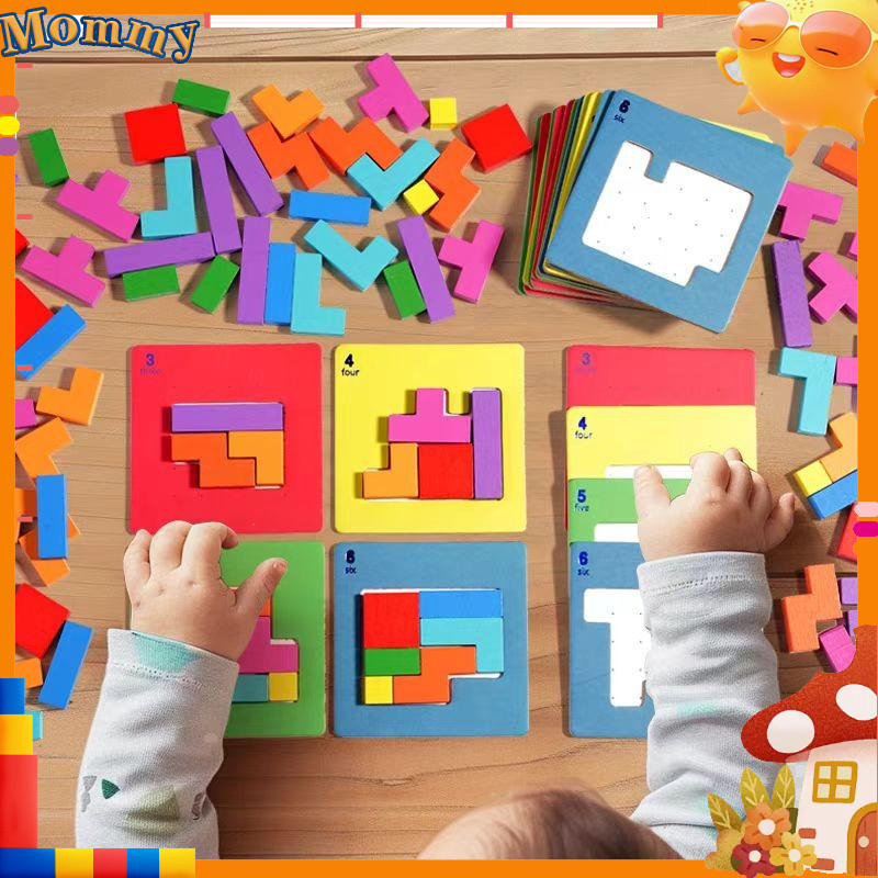 【 Ready Stock】memory game game educational toys Tetris Jigsaw Puzzle，Educational Logical Tetris Puzzle，Wooden Blocks Puzzle，Montessori Shape Brain Teaser Toy ，Early Learning Education Challenge Game family tetris toys
