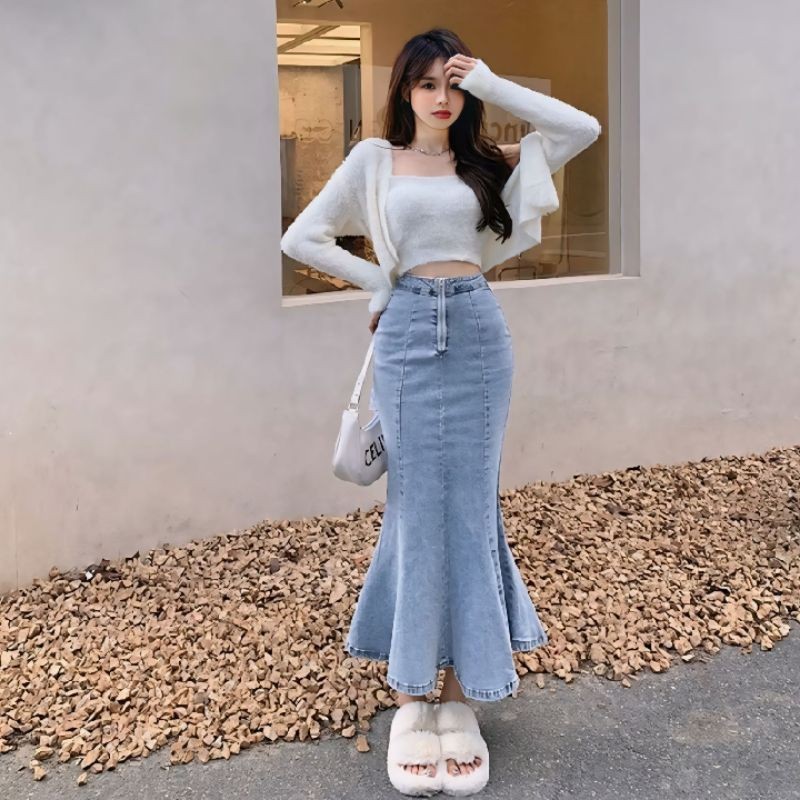 Denim Mermaid Skirt Women's High Waist Slim A-line Elastic Mid-Length Hip Skirt Women's Skirts