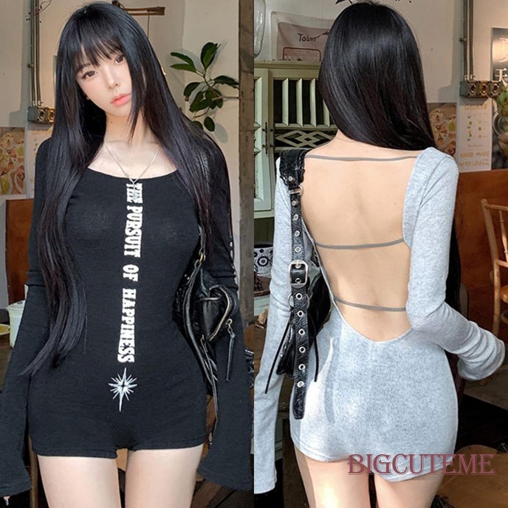 []-Women Backless Jumpsuit Casual Letter Print Backless Long Sleeve Playsuits