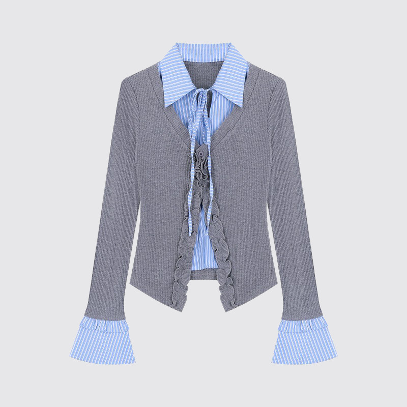 Fake-2-piece Blouse Women Ruffle Long Sleeve Korean Style Ladies Slim Shirt Top Grey Baju ootd Kemeja Lengan Panjang Perempuan Wanita Terkini Murah Cantik Kelabu