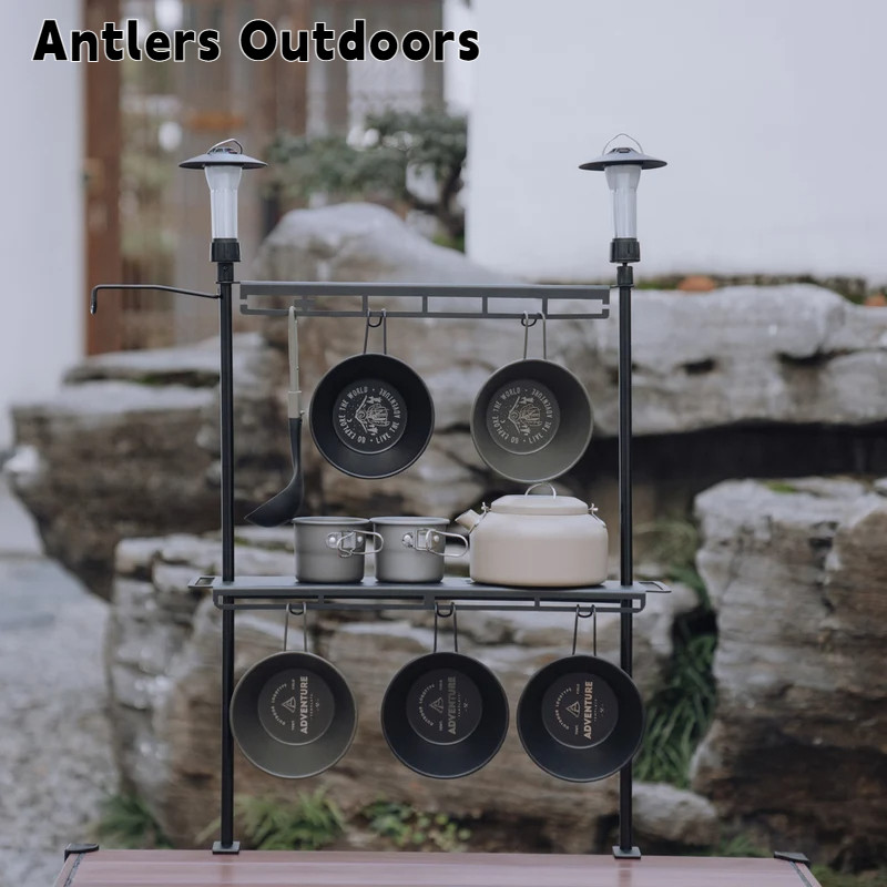 Antlers Outdoors Lighweight Camping Storage Shelf Aluminum Alloy Detachable Organizer Rack Table Lantern Stand Tableware Organizer Supplies