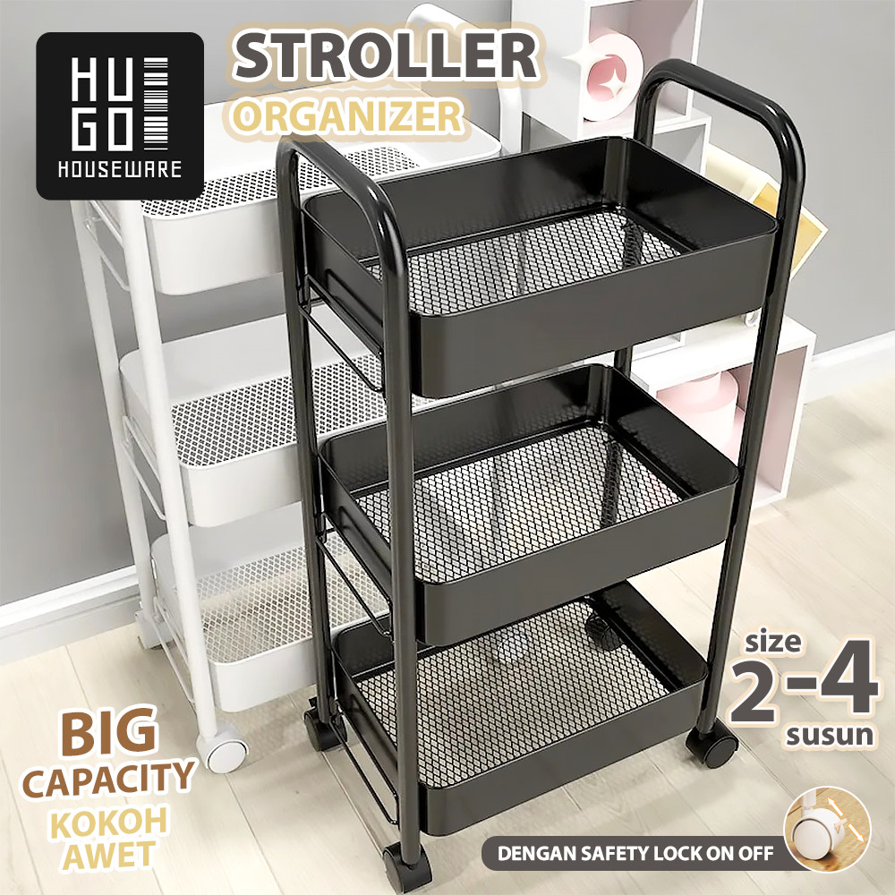 HUGO Multipurpose Iron Kitchen Shelf Multi-Tiered Iron Storage Shelf Bathroom Shelf Salon Shelf Stainless Steel Push Stacking Trolley Shelf with Wheels