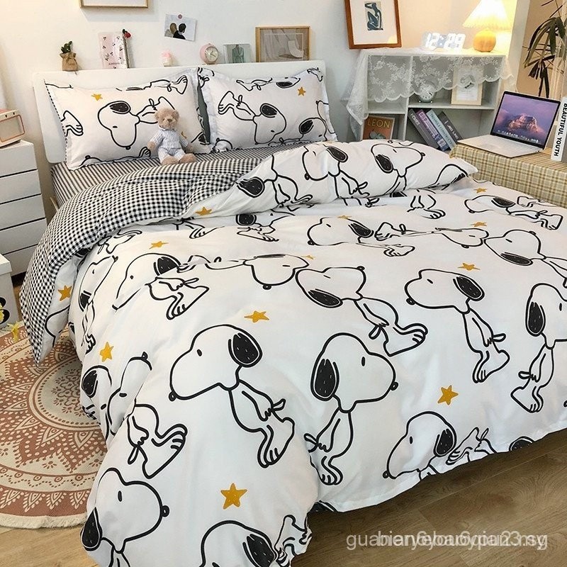 Snoopy four-piece beed cute bed bag cartoon Mickey quilt black and white grid beed sheet four-piece Taiwan Snoopy empat helai cadar cadar cadar cadar cadar kartun Mickey cadar cadar cadar cadar empat keping