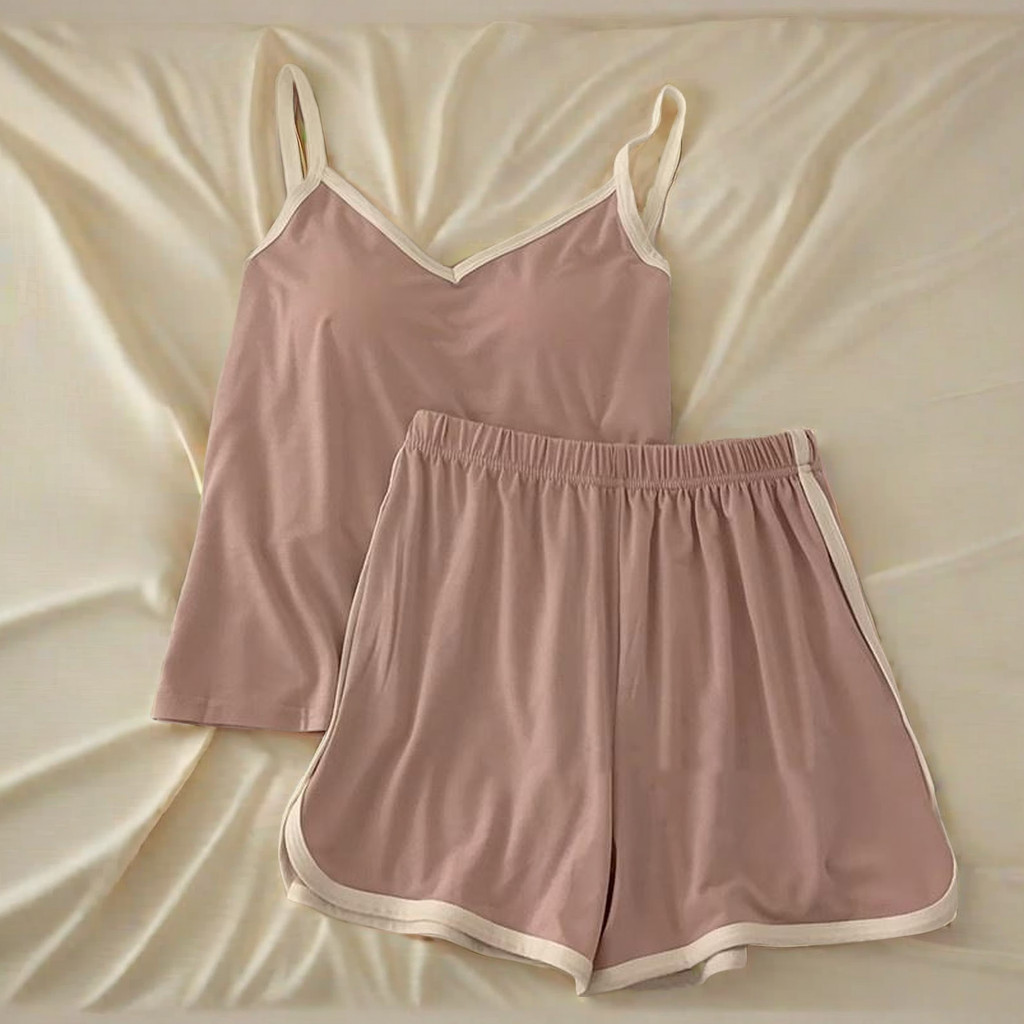 Cool Ice Silk Women Pajamas Summer Tank Top + Shorts Chest Cushion Thin Home Clothing Baju + Seluar pendek tidur sutera ais sejuk untuk atasan tangki musim panas wanita Kusyen dada pakaian rumah nipis