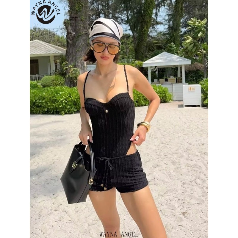 (Wayna Angle)New Women's Summer Sexy Steel Ring Small Chest Gathering Fashionable Spicy Girl Swimsuit