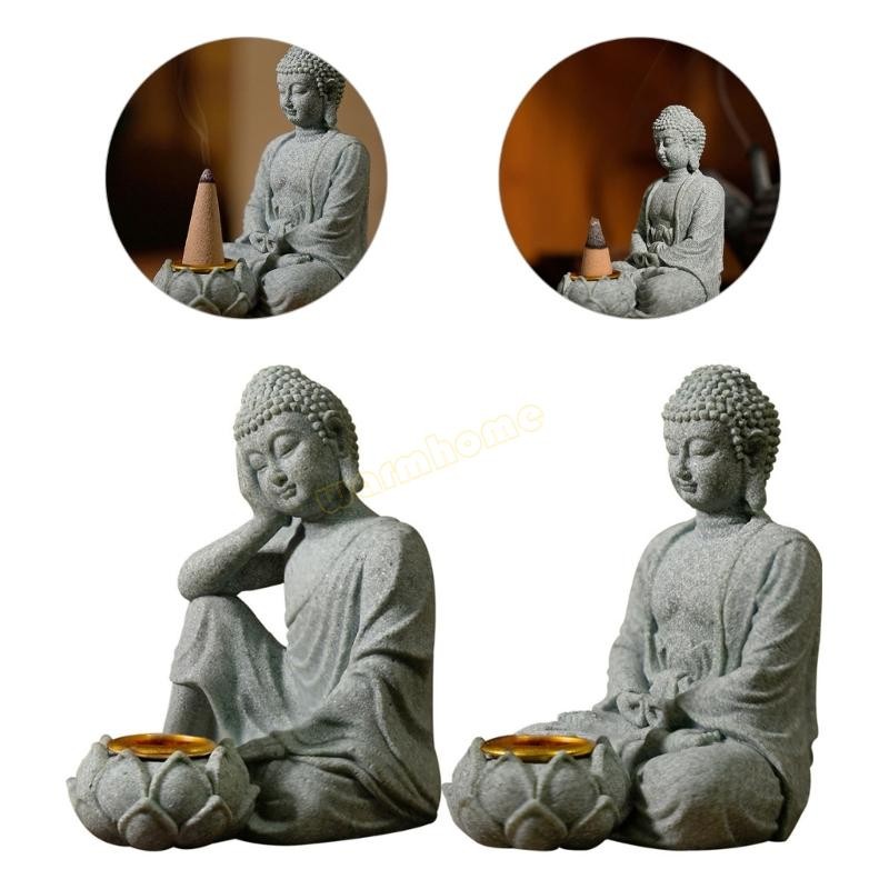 WMH Buddhas Stone Figurine Sculpture with Tealight Slot Incenses Holder Spiritual Decors Meditation Statue Desktop Ornam