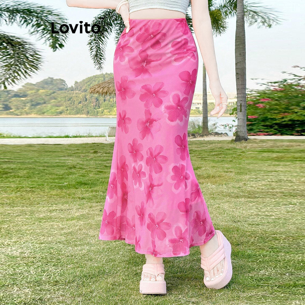 Lovito Elegant Skirts Floral Contrast Mesh Skirt for Women L99ED853