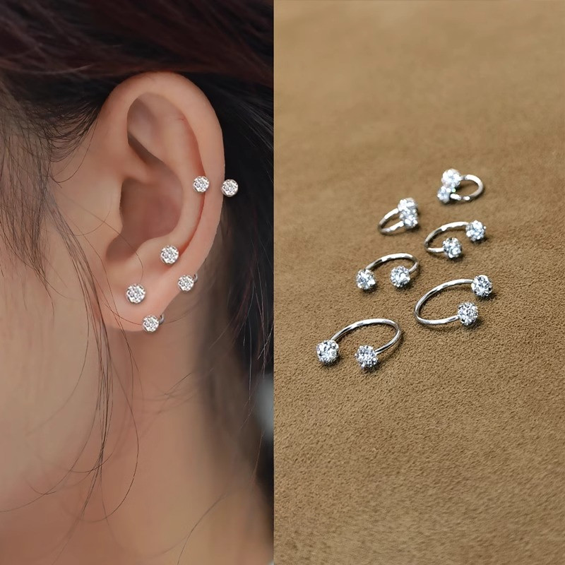 6/8/10mm Bling Exquisite S925 Silver Sterling Earrings Ear Studs Ear Bone Nails Buckle Ear Piercing Jewelry