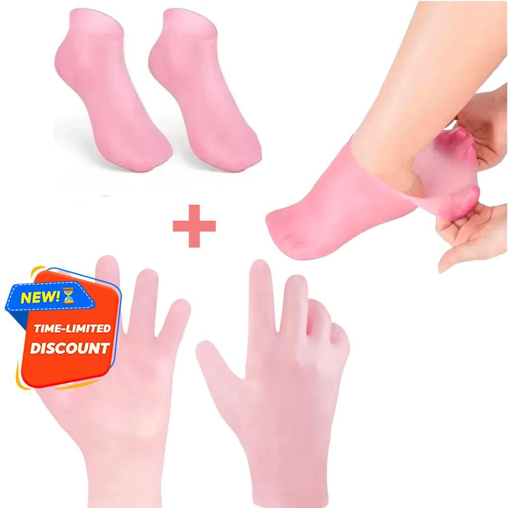 Silicone Moisturizing Set - 2 Pieces: Reusable Nail Care Gloves and Hydrating Socks for Dry Skin (Pink)