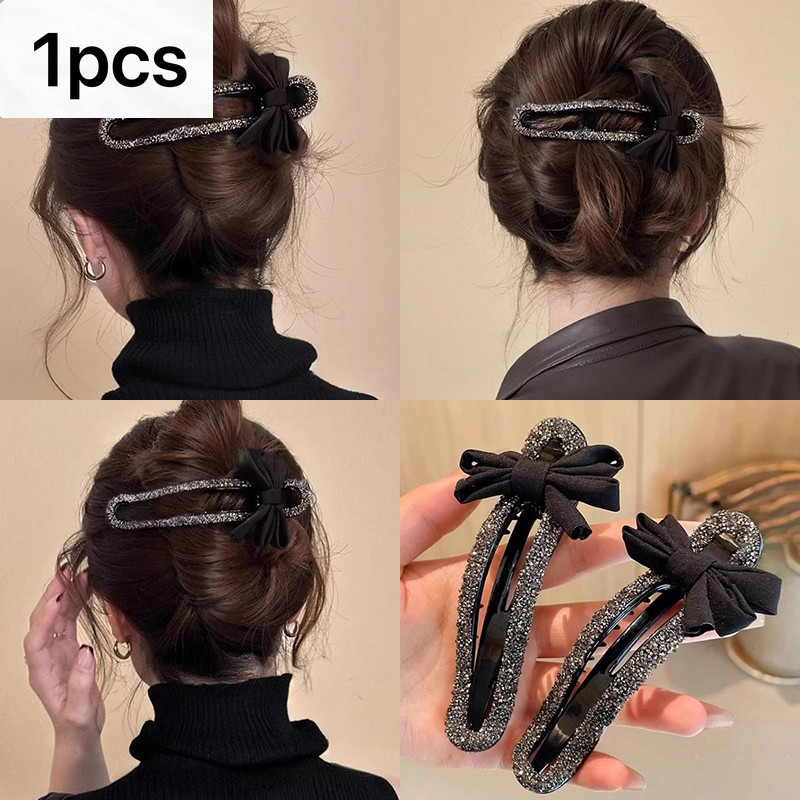 Black Simple Diamond Bow Large Duckbill Clip Fashionable Classy Plate Hair Clip