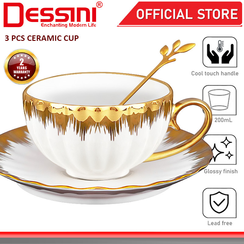 DESSINI ITALY 3 Pcs Ceramic Cup Saucer 200mL Coffee Espresso Cappuccino Tea Mug Party Serving Plate with Spoon
