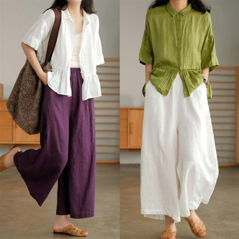2025新棉麻九分阔腿裤夏休闲文艺大码宽松透气显瘦清凉裤子Chinese Style Cotton Linen Pants Women Loose Casual Ethnic Wide Leg Pants
