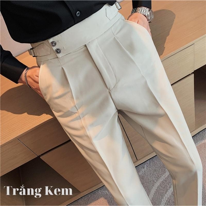 Men's cream-colored - trousers, high-waisted sidetab 2 buttons Korean office slim bayggy form black, white, beige