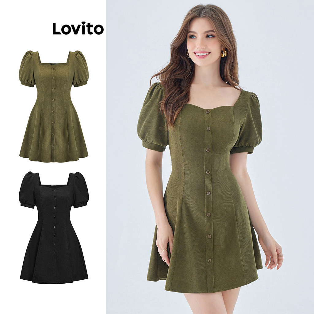 Lovito Vintage Plain Button Front Short Sleeves A-Line Mini Dress for Women L49ED109 (Multi-color) Gaun Mini A-Line Lengan Pendek Kancing Depan Polos Antik Lovito untuk Wanita