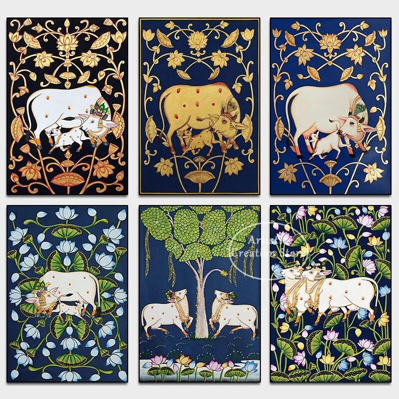 Indian Art Cow Lotus Golden Poster Print Canvas Painting Wall Pictures for Traditional Indian Living Room Home Decor