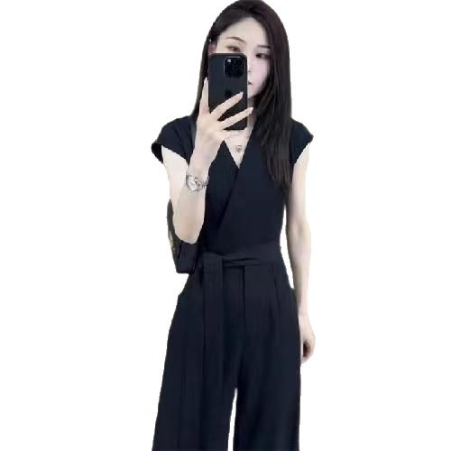 Formal Profession Office OL Commute Wear Women Clothes Long Jumpsuits Suspender Women Ladies Summer V-neck Casual Loose Slimming Solid Rompers Overalls Wide Leg Pants