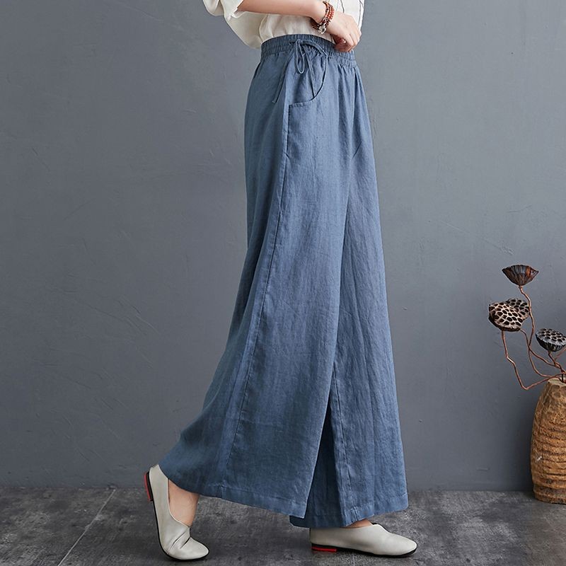 夏薄简约百搭棉麻阔腿裤女2025新纯色宽松显瘦高腰长裤Chinese Style Cotton Linen Pants Women Loose Casual Ethnic Wide Leg Pants