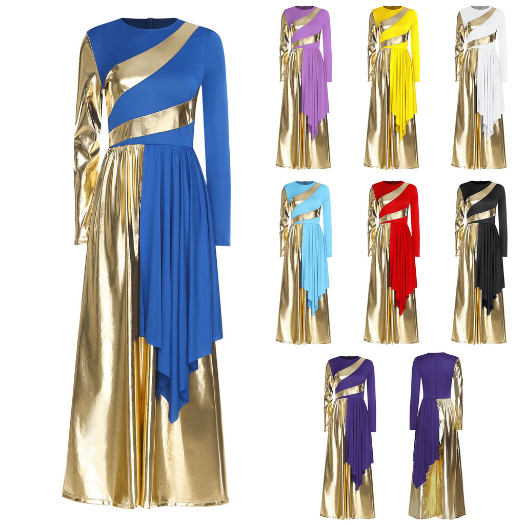 inhzoy Women Liturgical Praise Dance Bodysuit Metallic Color Block Patchwork Irregular Drape Wide-Leg Jumpsuit Choir Dancewear