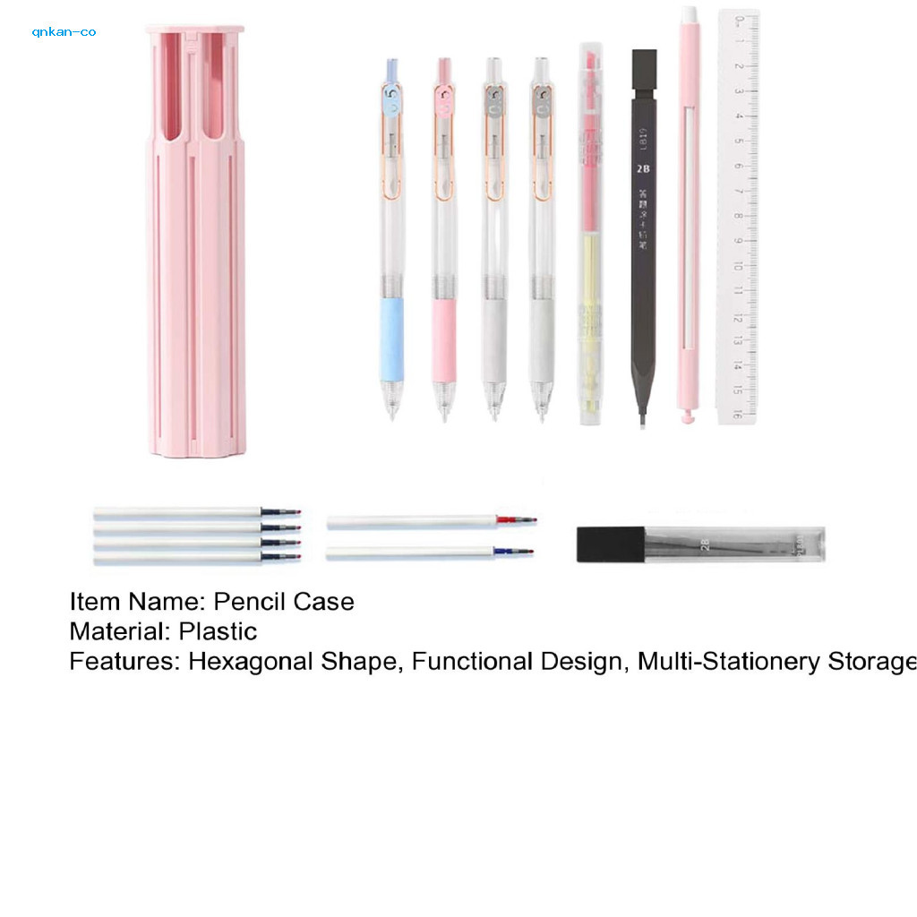 qnkan Durable Pen Case Stationery Organizer Hexagonal Pen Case with Card Slots and Independent Pen Holder Portable Penci