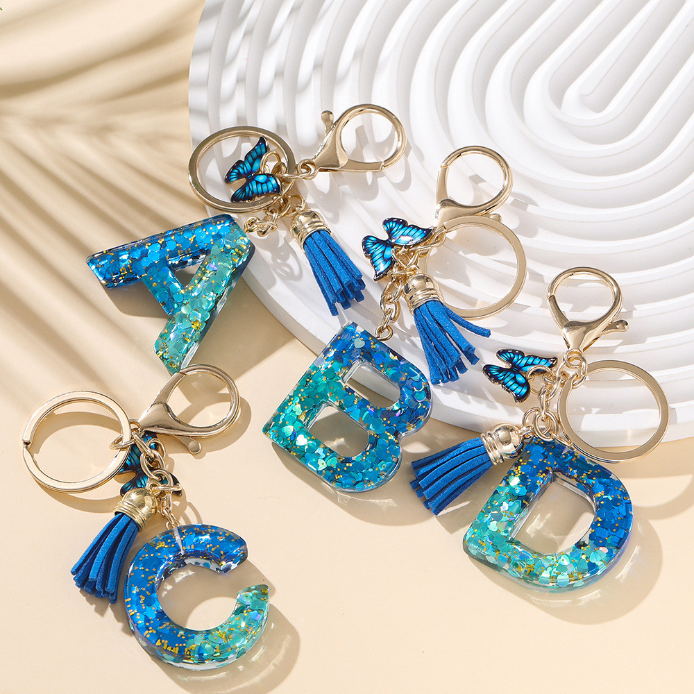 Resin English Letter Keychain Royal Blue Crystal Butterfly Tassel Pendant