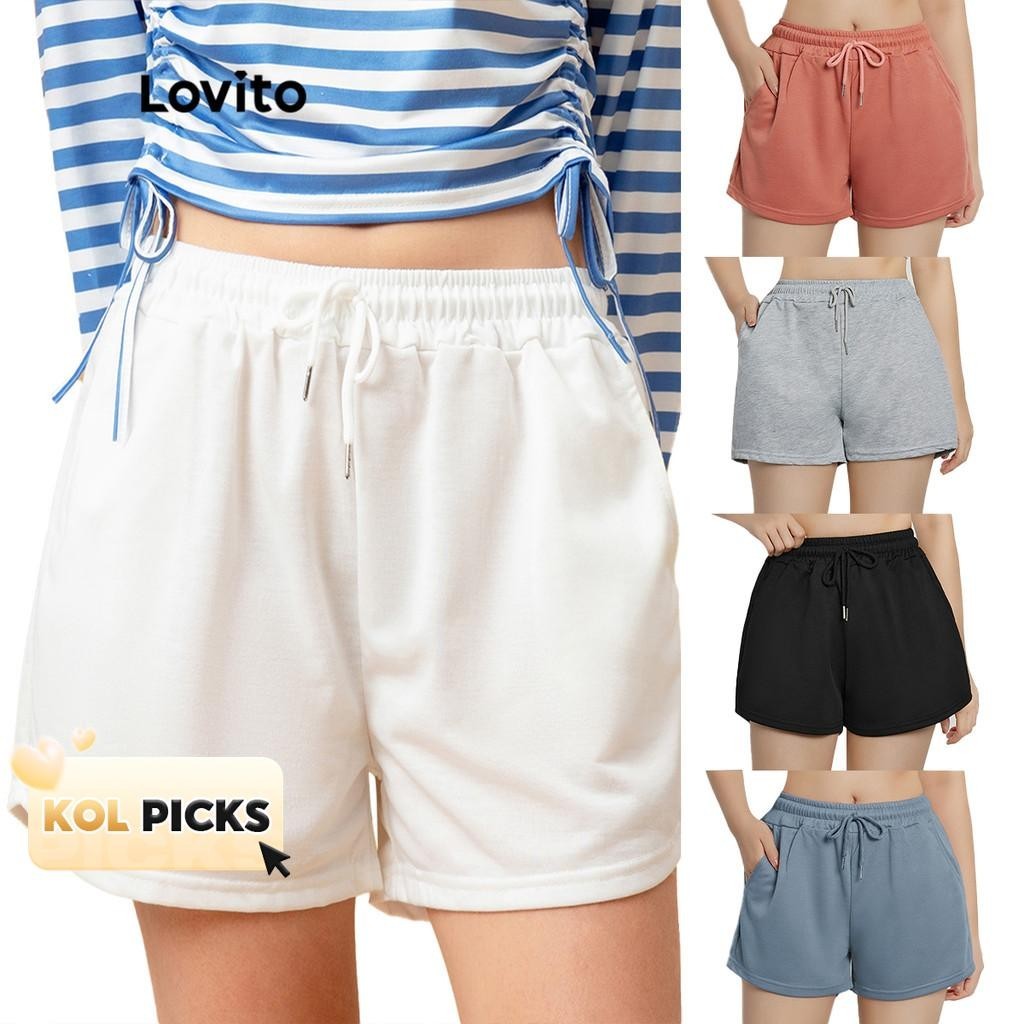 (KOL‘s pick) Lovito Casual Solid Drawstring Shorts for Woman L00242 (White/Black/Grey/Pink/Blue)