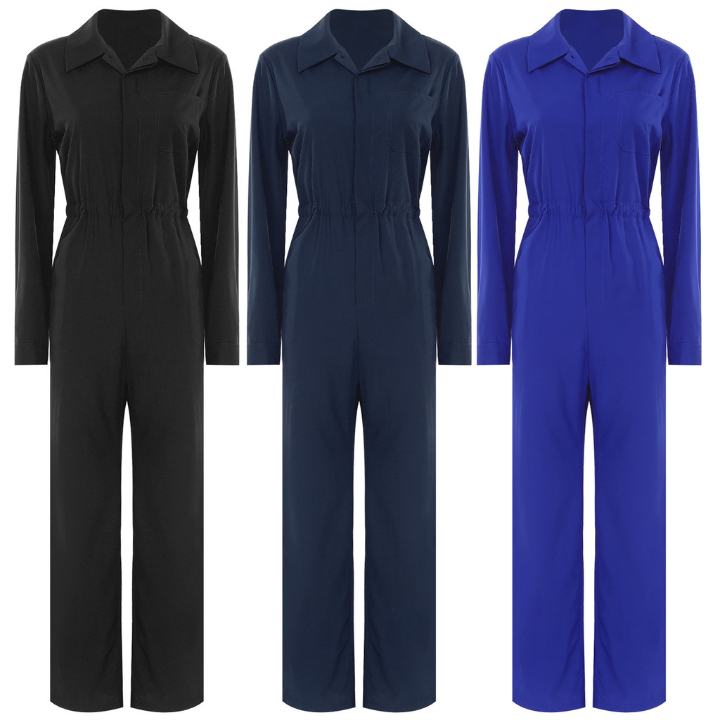 inhzoy Womens Fashion Button Coverall Casual Solid Color Turn-Down Collar Long Sleeve Jumpsuit for Work Travel Holiday