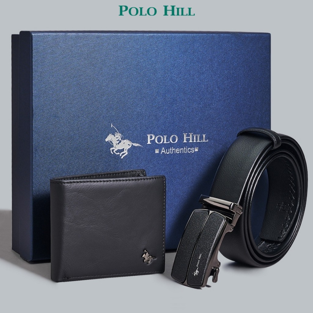 POLO HILL Men Gift Box 2-in-1 Bundle Set Genuine Leather RFID Protected Wallet Automatic Buckle Belt PMAS-001