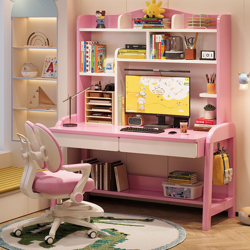 Solid wood children's study table, bedroom, liftable student writing table, study room writing table, simple computer table with bookshelf