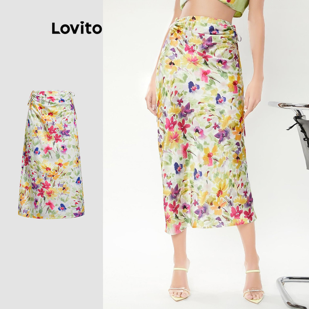 Lovito Casual Skirts Ditsy Floral Drawstring Skirts for Women L112ED381