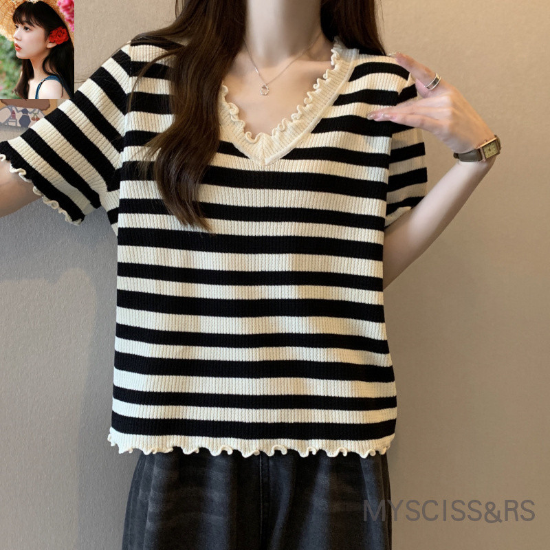 💥MYSCISSRS💥大码女装木耳边条纹V领短袖T恤显瘦上衣&150kg Plus Size Women's Clothing Agaric Edge Striped V-Neck Short-Sleeved T-Shirt Summer Fat m Cover Belly Slimmer Look All-Match Fashion Top